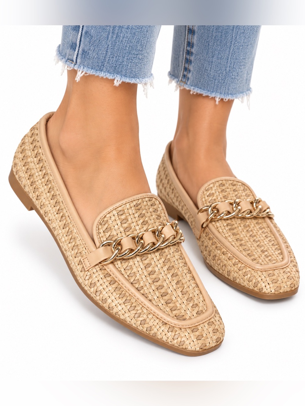Steve Madden Size 8.5 Woven Chain-Trim Loafers in Natural